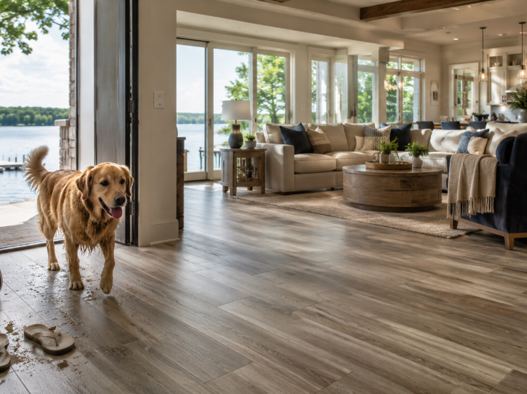 Dog running into a lakefront home with sandy paws on durable LVP flooring