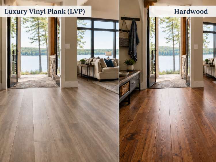 Room with light LVP flooring vs warm hardwood flooring